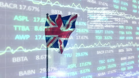 British Flag Against Rising Stock Market Data Animation