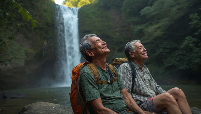 Senior Asian Hikers Resting by Secluded Waterfall Pool with Backpacks and Smiles