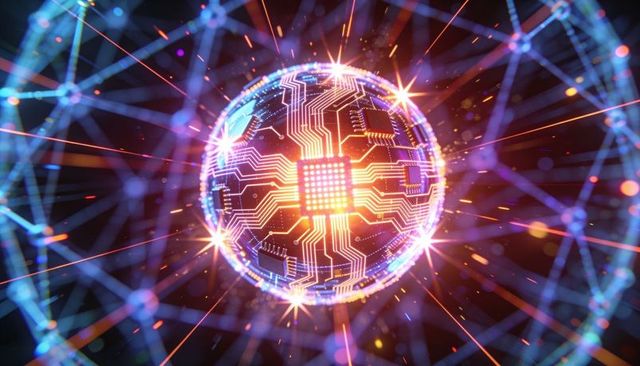 Neon circuit globe radiating processor energy through geodesic network for ai