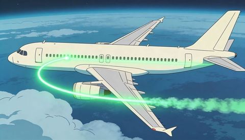 Futuristic commercial airliner encircled by neon energy ring over cloud tops