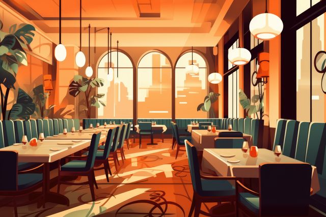 General view of fancy restaurant interiors with city view, created using generative ai technology. Restaurant, dining and interiors concept digitally generated image.