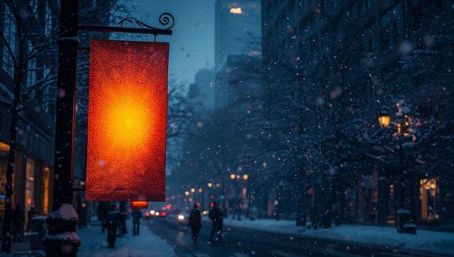 Glowing red banner illuminating snowy city street at dusk, pedestrians and warm streetlights
