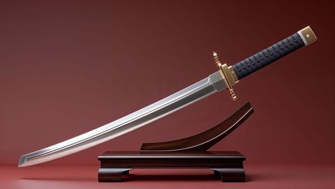 Elegant display of traditional japanese katana on wooden stand