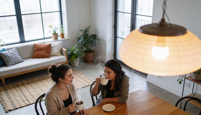 Two women sharing morning coffee in warm minimalist living space with wooden table