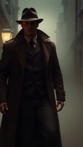 Noir Detective Walking Toward Camera in Foggy Alley, Approaching Reveal in Vertical Night