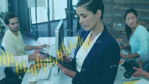 Businesswoman Analyzing Data with Graphical Overlay in Office
