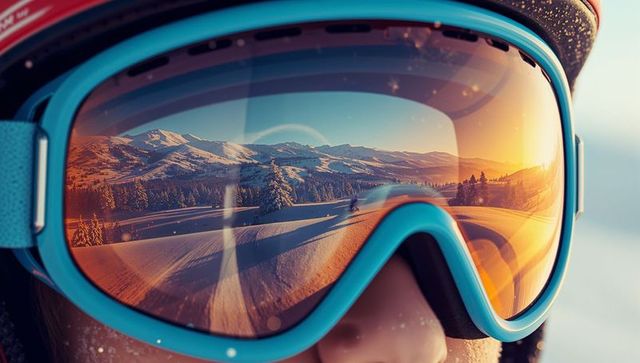 Ski goggles reflecting majestic snowy mountain range in sunrise glow