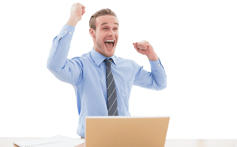 Excited businessman celebrating success with laptop transparent background