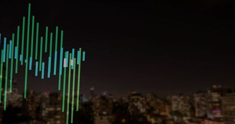 Neon Audio Equalizer Overlay on Nighttime Urban Skyline