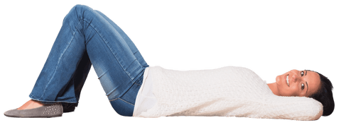 Happy Caucasian Woman Lying On Transparent Background Wearing Casual Outfit