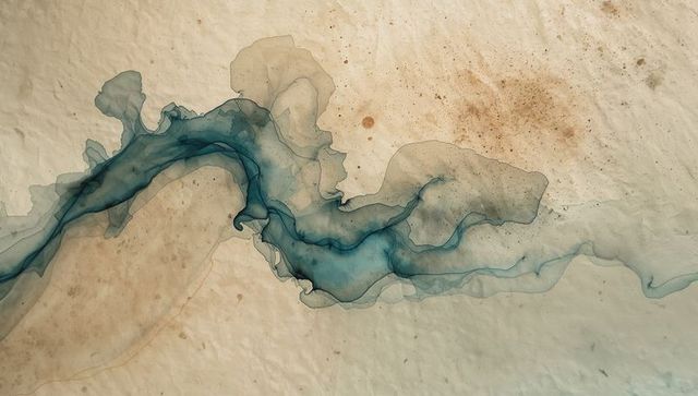 Flowing teal and navy ribbon moving across textured beige surface with translucent layers