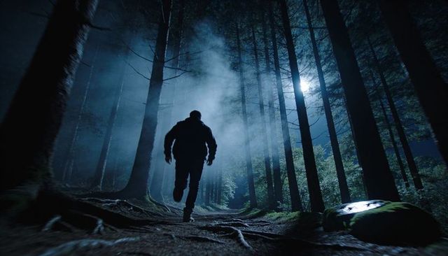 Moonlit forest silhouette running along root-strewn trail through misty conifer woods