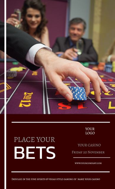Black tie casino night promotional flyer featuring man placing bets at a roulette table with chips. Ideal for promoting casino nights, special gambling events, and upscale social gatherings. Perfect for social media posts, invitations, event posters, and digital marketing materials for luxury casinos.