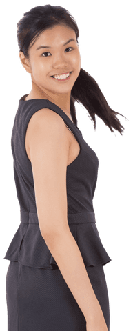 Happy asian woman in black dress transparent background