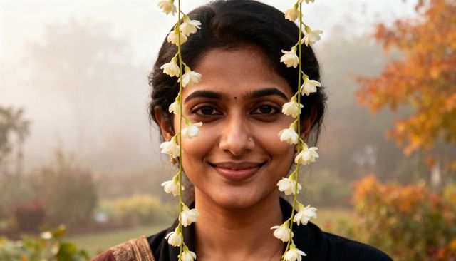 Serene indian woman smiling in sari with jasmine garlands in misty autumn garden close-up