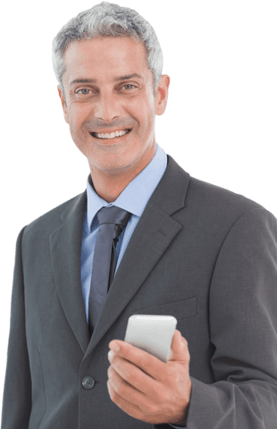 Confident mature businessman holding smartphone translucent background
