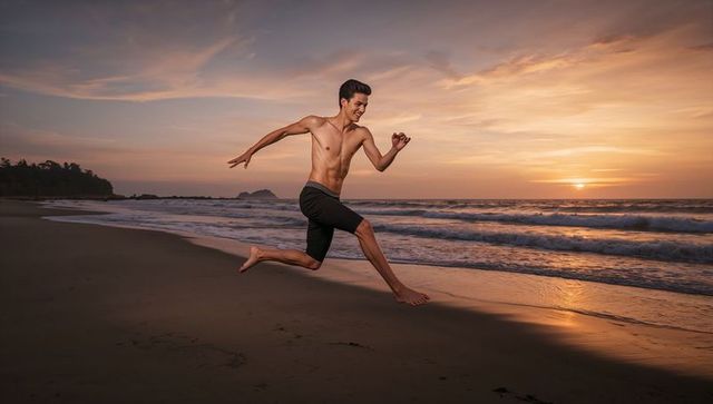 Shirtless male athlete leaping along beach at golden hour sunset energetic motion
