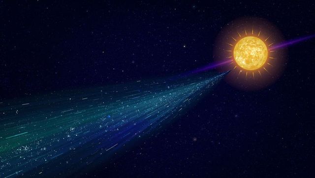 Golden star emitting teal cosmic stream across dark starfield with purple halo