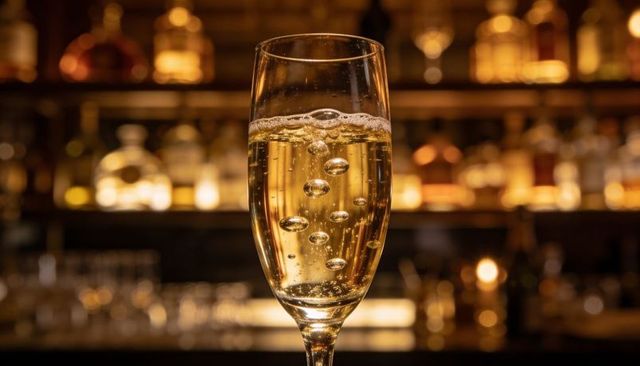 Champagne flute close-up with rising bubbles, golden bokeh and intimate bar ambience for toasts
