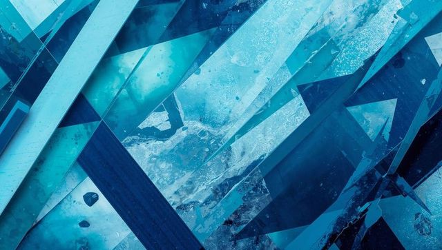 Frosted blue crystal shards forming angular prism pattern for tech backdrop
