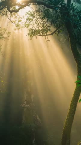 Vertical forest video panning through golden sunbeams filtering mossy trunks and palm fronds