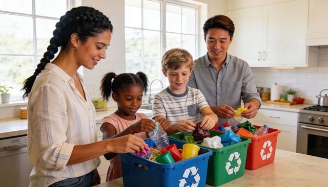 Diverse family sorting recyclables on kitchen island teaching children eco-friendly habits