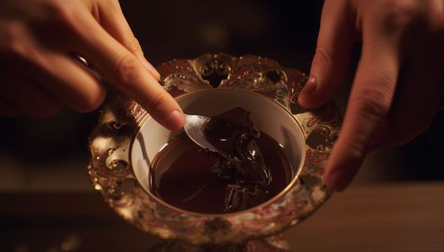 Lifting spoon pulling glossy chocolate ganache from ornate porcelain cup with gold rim