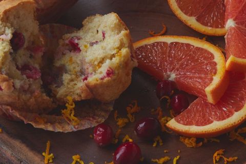 Broken cranberry muffin with grapefruit and orange zest