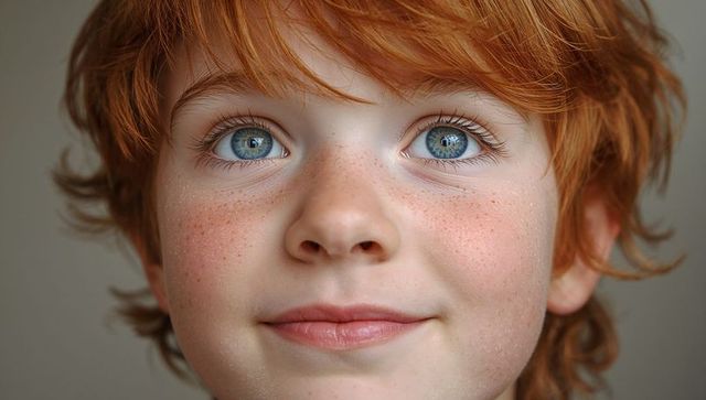 Gazing red-haired child with bright blue eyes and freckles closeup portrait soft light