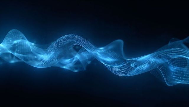 Glowing Binary Data Ribbon Flowing Through Dark Digital Space Neon Blue Wave Futuristic