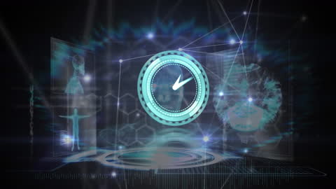 Neon Ticking Clock with Medical Data Visuals and Digital Network