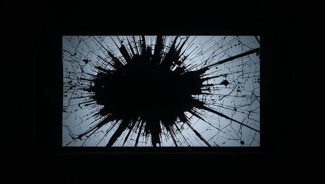 Backlit Broken Glass Splatter with Radial Cracks, High-Contrast Luminous Fracture