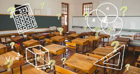 Conceptual Education Symbols Over Empty Classroom - Download Free Stock Images Pikwizard.com
