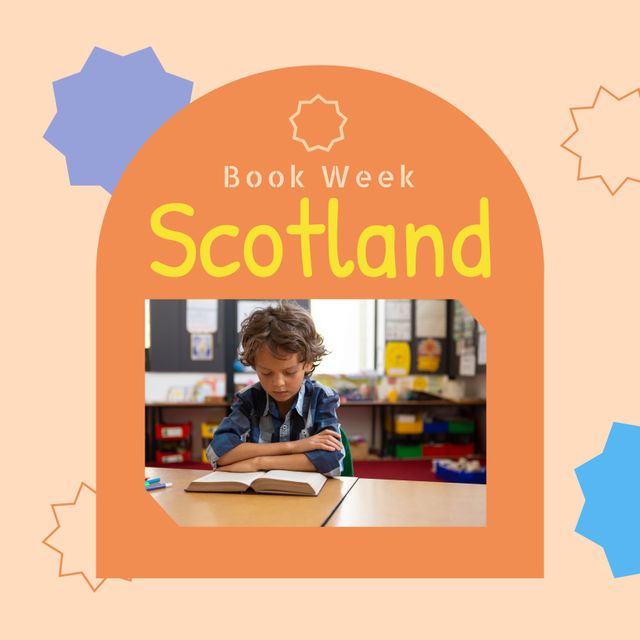 Composition of book week scotland text with caucasian boy reading book. Book week and celebration concept digitally generated image.