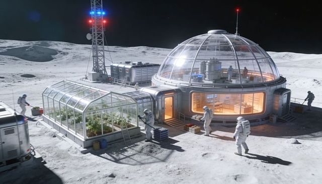 Lunar greenhouse crew tending plants and moving crates at geodesic dome habitat under starry sky