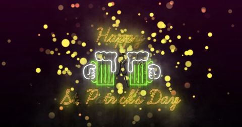 Neon happy st. Patrick's day sign with clinking green beer mugs and bokeh lights