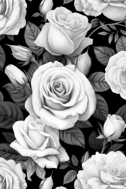 This detailed black-and-white floral pattern featuring blooming roses can be used for various creative projects. It is perfect for textile designs, wallpaper, and backgrounds for invitations or cards. The monochrome elegance makes it suitable for both modern and classic themes, adding a touch of sophistication to any visual composition.
