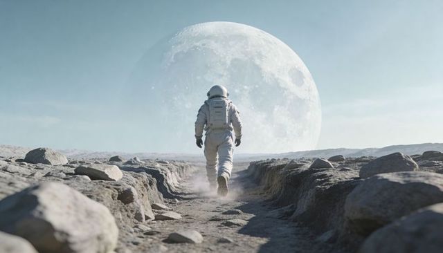 Solitary astronaut walking along rocky lunar trench with giant moon on horizon