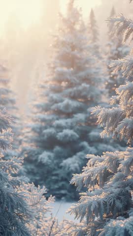 Vertical winter sunrise over frosted evergreen forest with glistening snow and soft morning light