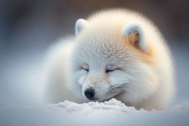 This adorable photo of a fluffy Arctic fox pup sleeping gently on a snowy surface embodies serenity in nature. Perfect for promoting wildlife conservation and winter themes or for use in educational materials about arctic animals and their natural habitat.