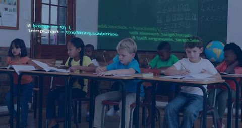 Young students solving math problems in classroom with code overlay