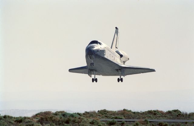 STS040-S-174 (14 June 1991) --- The Space Shuttle Columbia is only moments away from touchdown on Runway 22 at Edwards Air Force Base in California.  The landing completes a successful nine-day Spacelab Life Sciences (SLS-1) mission, the first ever devoted exclusively to life sciences research.  Onboard the spacecraft were astronauts Bryan D. O'Connor, Sidney M. Gutierrez, Rhea Seddon, James P. Bagian and Tamara E. Jernigan; and payload specialists F. Drew Gaffney and Millie Hughes-Fulford.  Landing occurred at 8:39:11 a.m. (PDT), June 14, 1991.