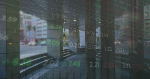 Stock market data overlaid on urban office scene