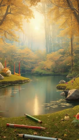 Shimmering Autumn Pond Reflecting Sunlight with Pencils and Candles | Vertical Video