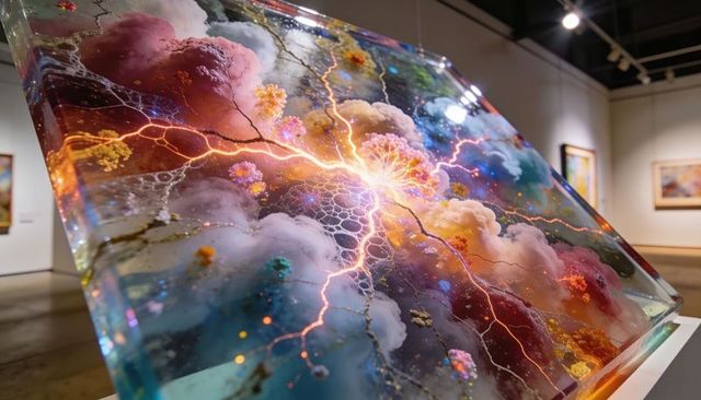 Resin art panel displaying luminous electric veins, abstract clouds and metallic flakes
