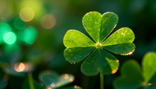Glowing Four-Leaf Clover Catching Dew with Sunlit Bokeh and Rimlight Macro