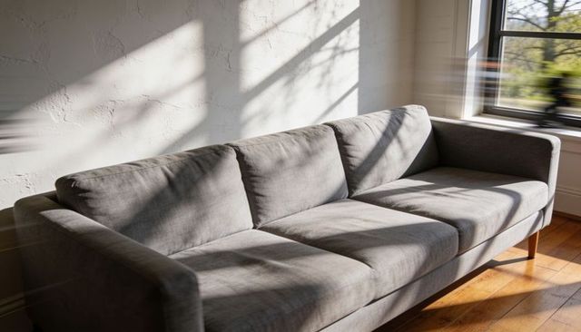 Sunlit grey sofa casting crisp window grid shadows in minimalist contemporary living room