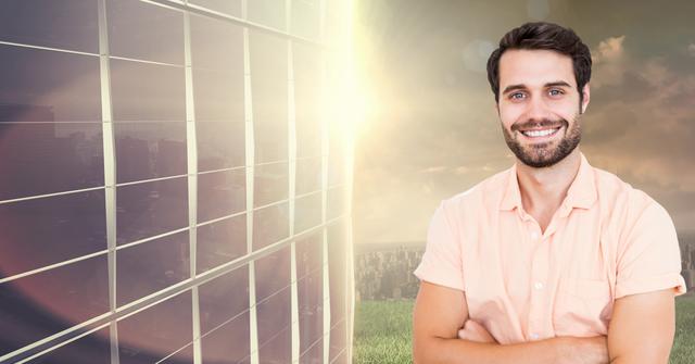 Man standing with arms crossed, smiling confidently with a cityscape and solar panels in the background. Represents the blend of modern urban living and renewable energy. Ideal for illustrating sustainability topics, solar energy advertisements, urban solutions integration, eco-friendly lifestyle promotions