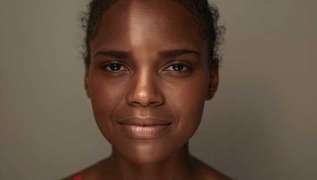 Confident black woman closeup headshot looking straight to camera with natural glow