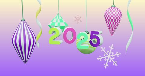 Bright Festive 2025 With Colorful Ornaments and Snowflakes